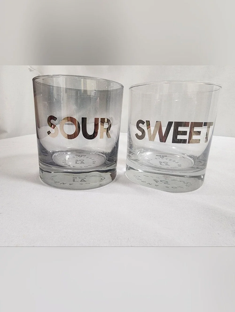 Set of 2 Clear Whiskey Glasses with Metallic 'SOUR' and 'SWEET' Lettering